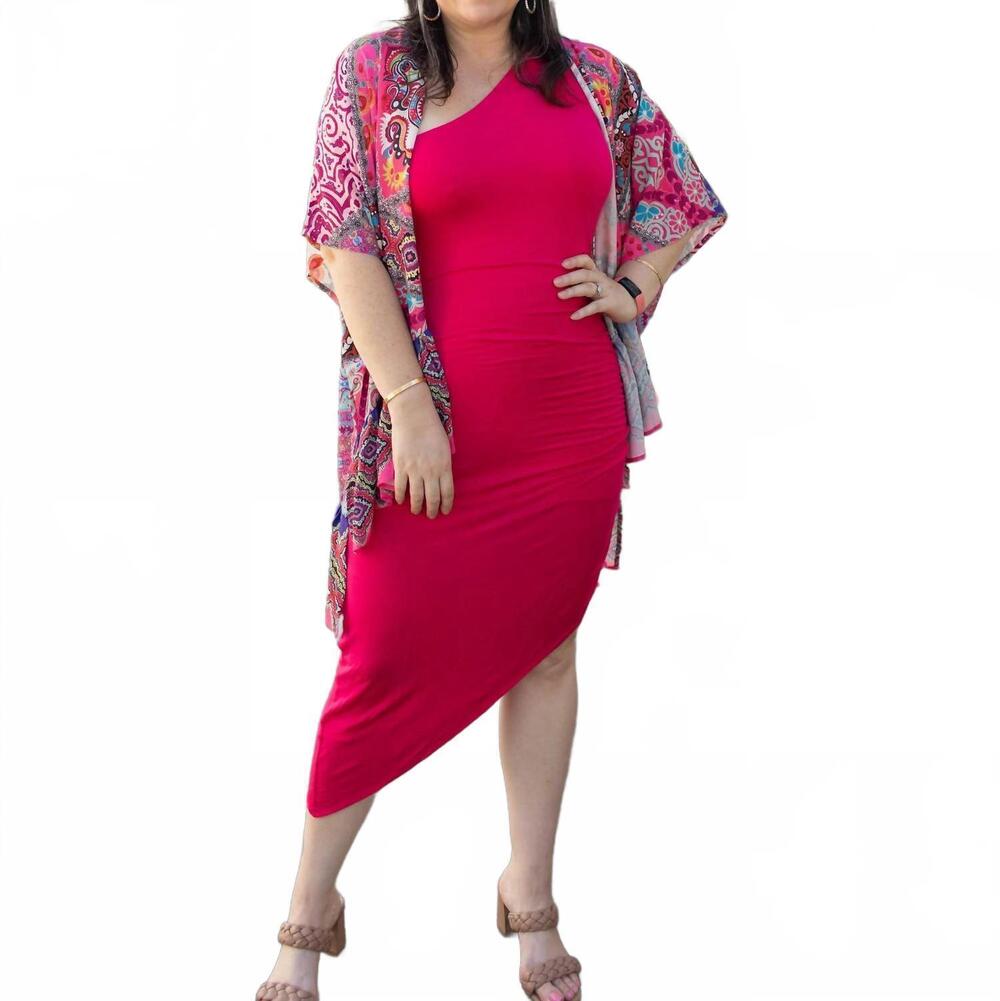 NEW ENTRO solid one-shoulder sleeveless midi dress in magenta
